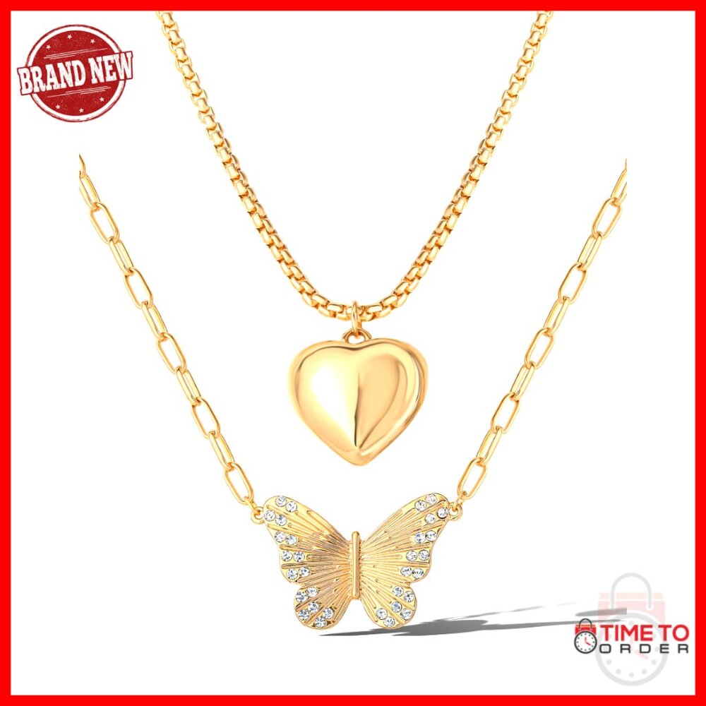 Gold-Tone Necklace Set with Heart and Butterfly Pendants, Adjustable Chains
